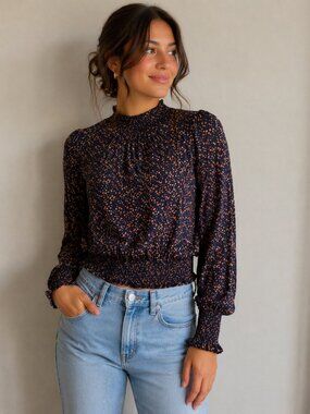 THML Navy Long-Sleeve Smocked-Neck Blouse with Tan Dot Print